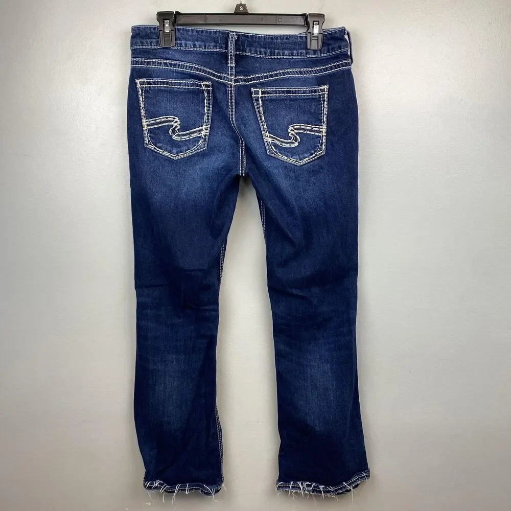 Silver Jeans Suki Bootcut Jeans Womens 27 Blue Mid Rise Distressed Raw Hem‎